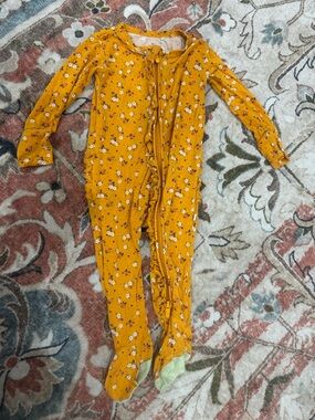 Posh Peanut Mustard Yellow Floral Ruffle Footie One-Piece